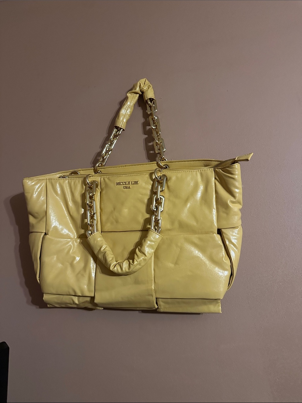 Nicole Lee Yellow Padded Tote with Gold Chain Handles